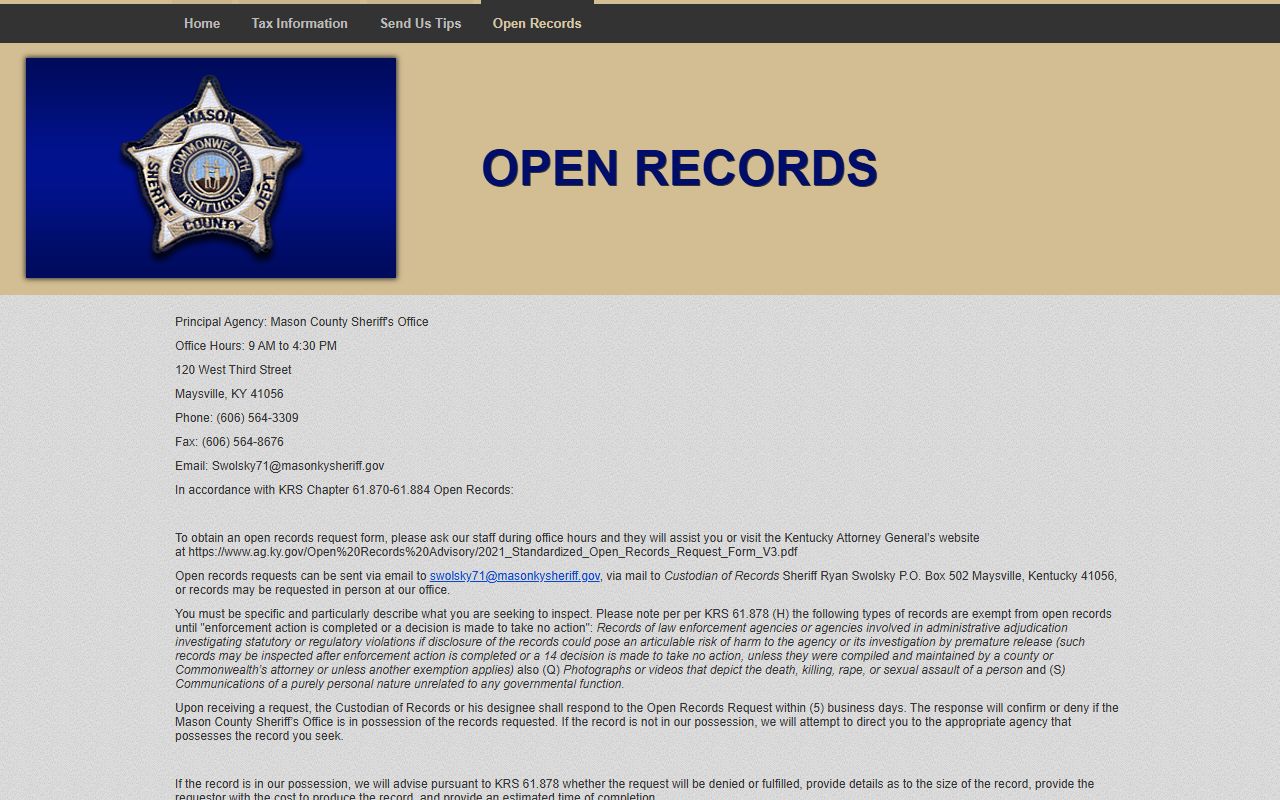 Mason County Sheriff's open-records page with request channels and fees